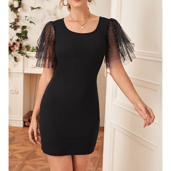 Black Layered Mesh Sleeves Bodycon Cocktail Dress - Picture 4 of 6